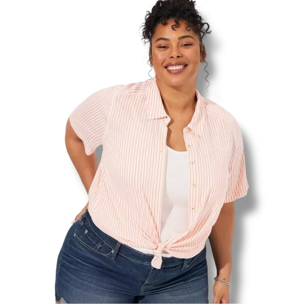 Torrid Lizzie Rayon Slub Button Up Short Sleeve Crop Shirt Papaya Punch Stripe 1